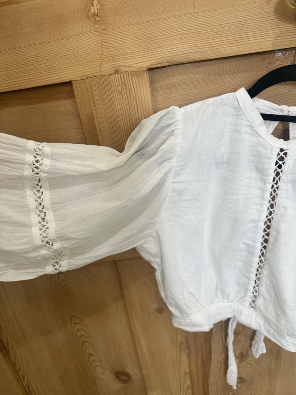 Jen's Pirate Booty White Lace-Trim Peasant Tie Crop Blouse - Picture 4 of 10